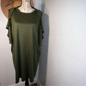 Shiela Rose Cora,XL, cascading ruffled cold shoulder pocketed,stretchy knit midi